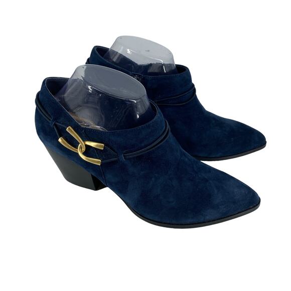 Blue Suede Bootie 8.5 M BELLA VITA Gold Accent Heel Ankle Boot Shootie Western - Picture 13 of 16